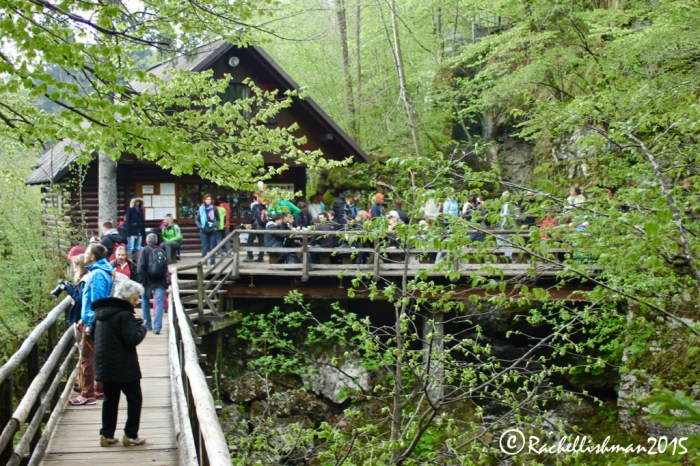 Tourists gather around the small cafe at Vintgar Gorge