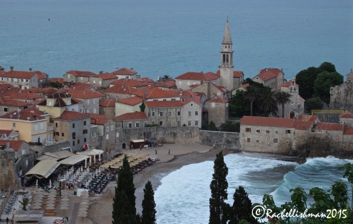 The old town of Budva and it's modern beach front cafes...