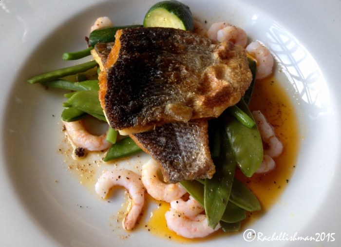 Sea bass with chorizo ad prawn dressing at The King Arthur Pub and Hotel